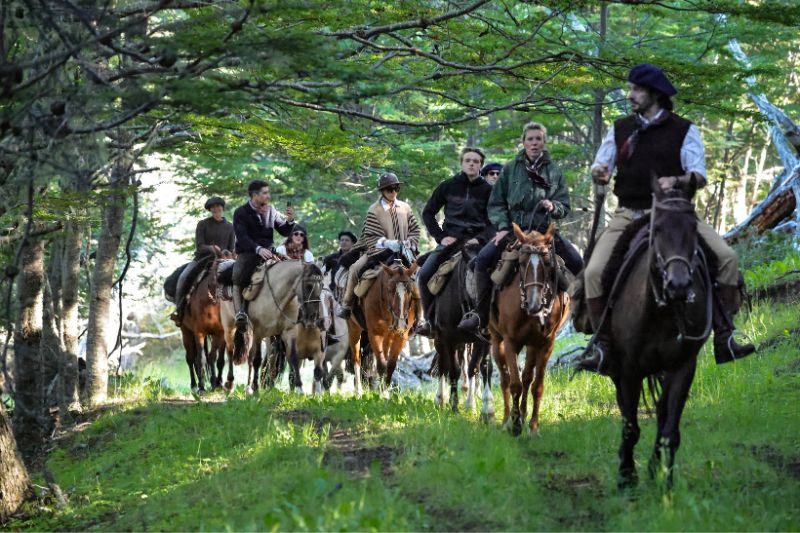 Horse riding through forests in Tierra del Fuego, Patagonia
